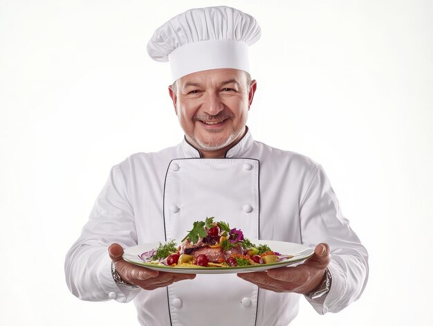Uśmiechnięty kucharz z potrawą